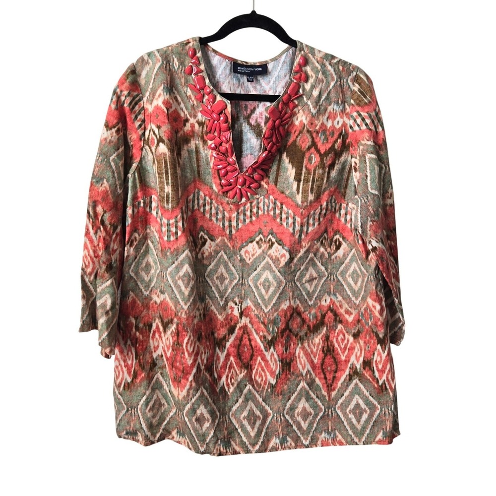 Jones New York 100% Linen Beaded Ikat Tunic Top XL, Boho Gypsy Tribal  Southwest